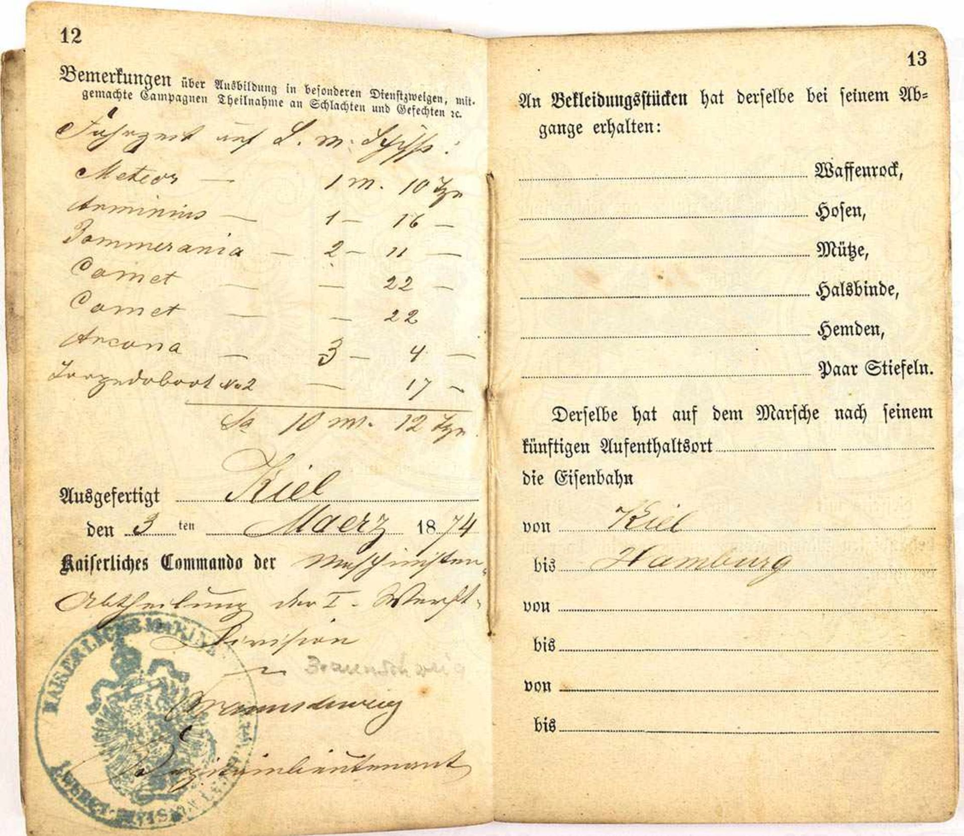 MILITAIR-PAß EINES MASCHINEN-MAATEN, Eintritt am 17. Mai 1871 bei der Maschinisten-Abteilung d. I. - Bild 2 aus 2