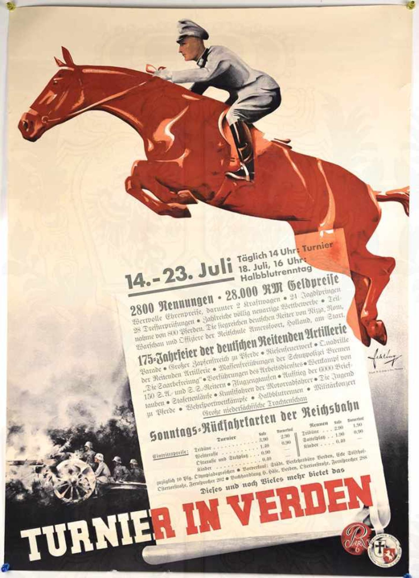 TURNIER-PLAKAT, zur 175-Jahrfeier der deutschen Reitenden Artillerie, Verden 1936, farbiger