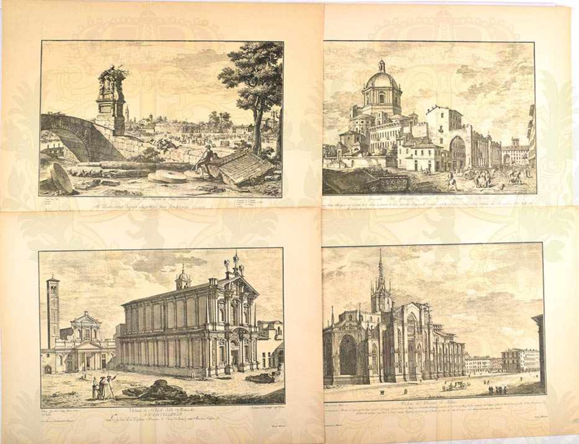 14 KUPFERSTICHE Veduten von Rom u. Mailand, dabei: Paläste, Tore, Kirchen u. Wehranlagen, 1.