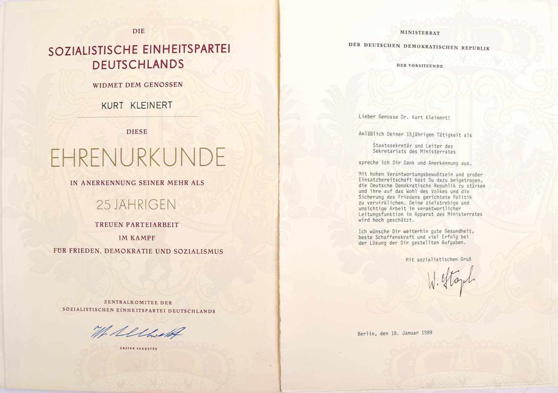 URKUNDENGRUPPE DR. KURT KLEINERT, (1927-2016), 1974-1989 Staatssekretär und Leiter des - Bild 4 aus 5