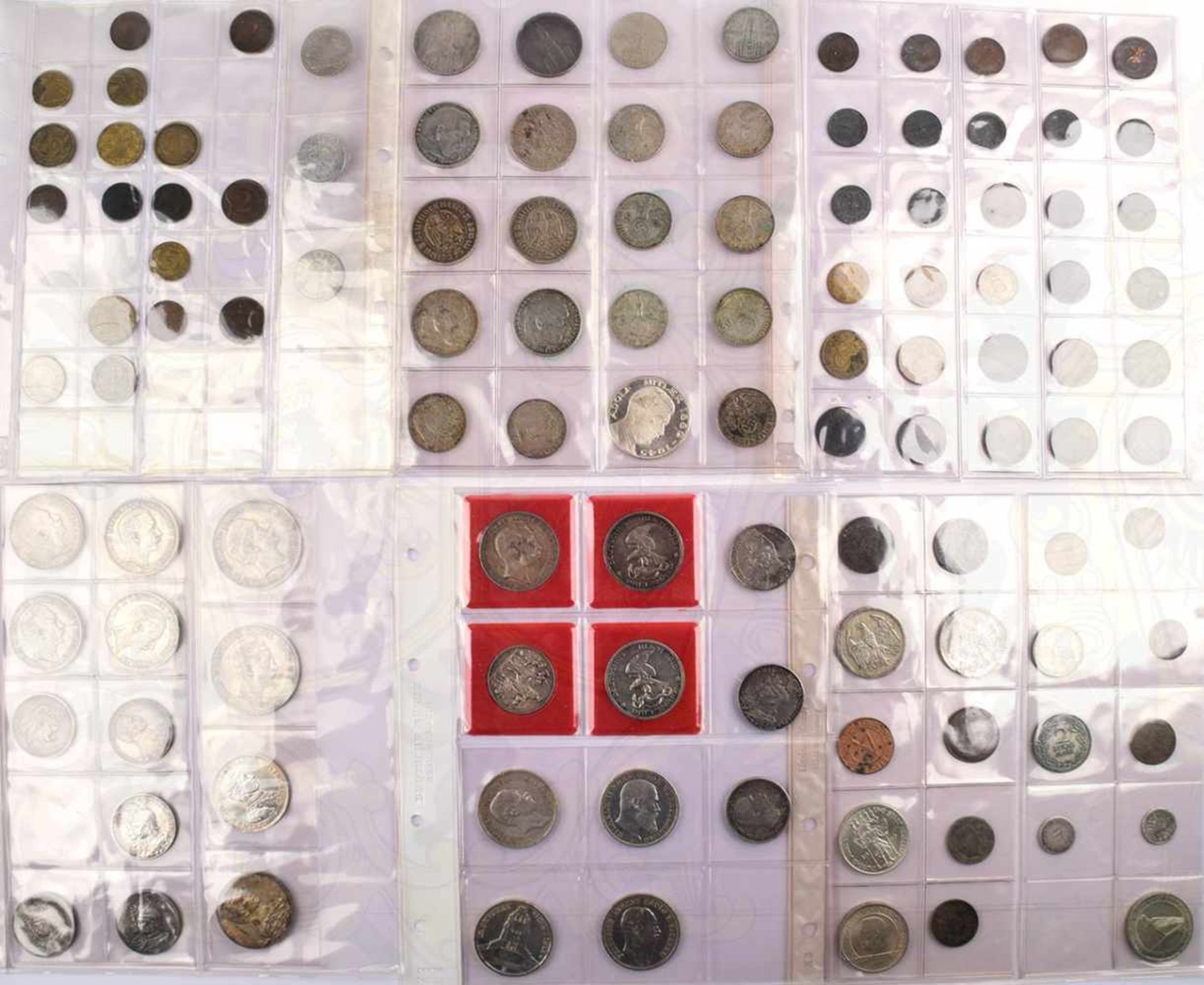 MÜNZENALBUM, mit 62 Silbermünzen u. 78 Kleinmünzen, meist Preußen, etwas Sachsen, Württemberg,