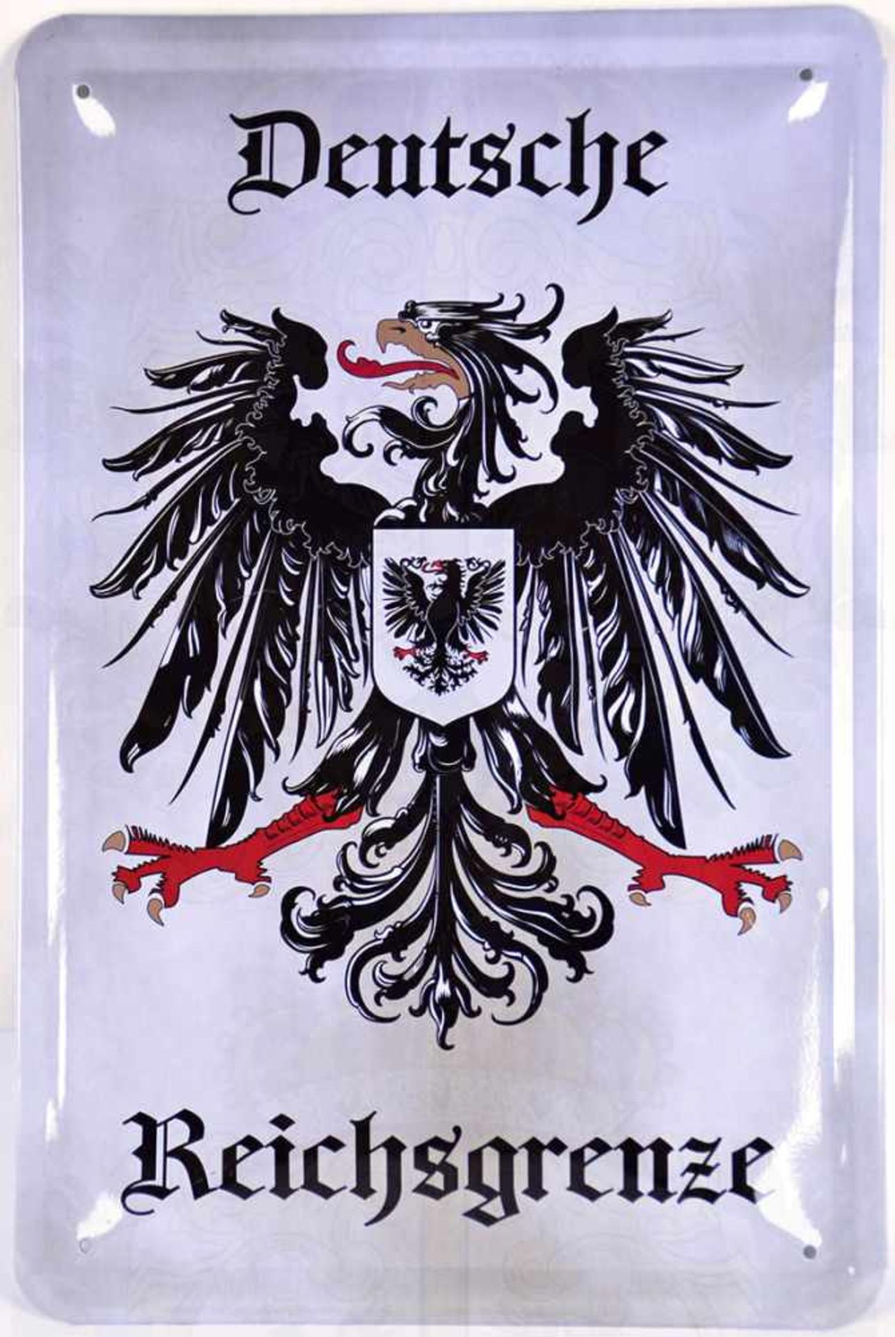 SCHILD „DEUTSCHE REICHSGRENZE“, Eisenblech, gedrucktes Wappen u. Beschriftung, 4 Befestigungslöcher,