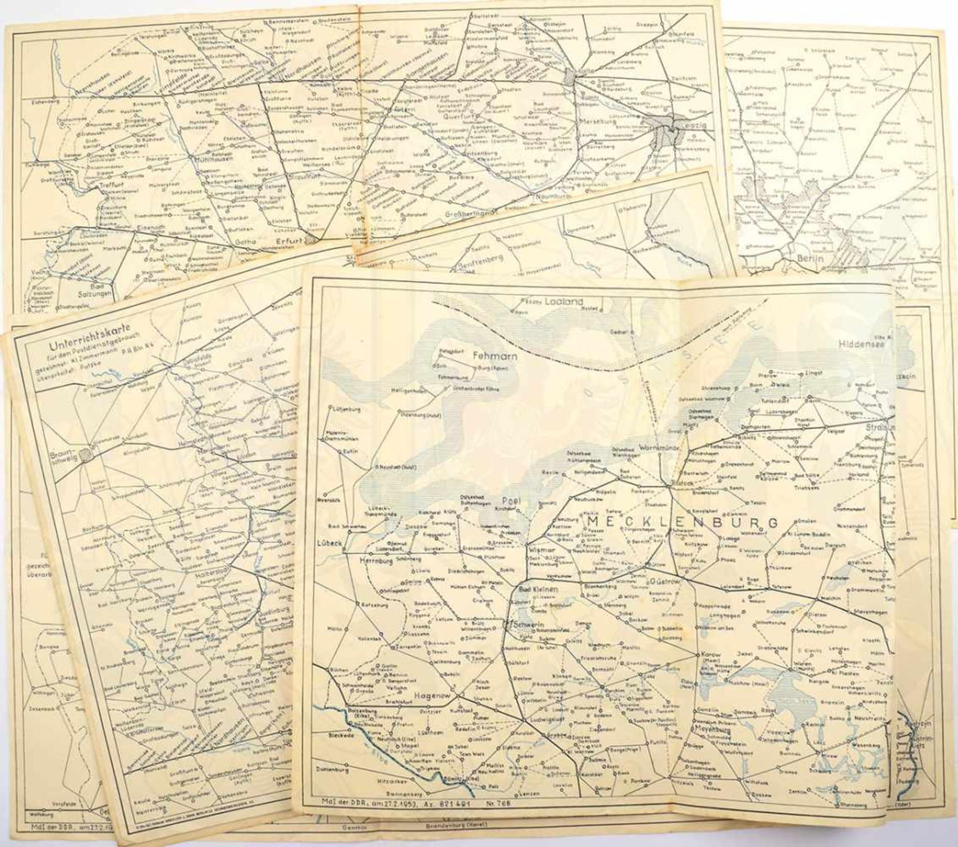 6 UNTERRICHTSKARTEN ZUM POSTDIENSTGEBRAUCH, hrsg. Ministerium des Innern, 1953, kpl. DDR-Gebiet u.