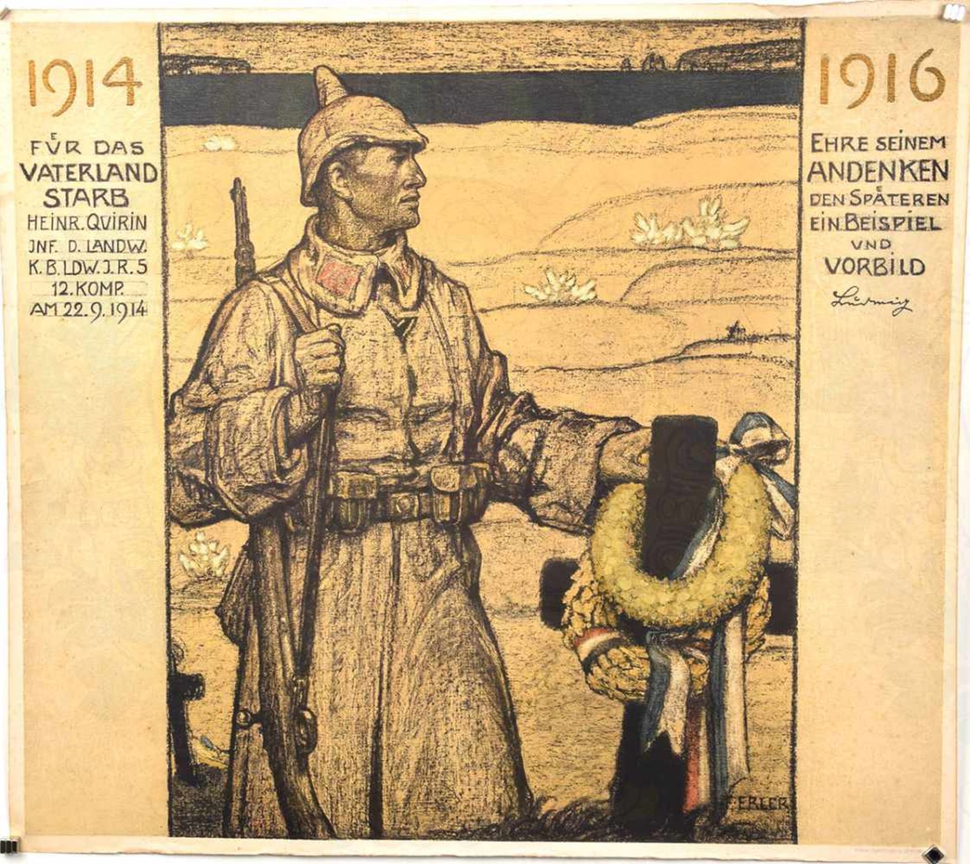 GEDENKBLATT EINES GEFALLENEN LANDWEHRMANN, v. 5. Bayr. Landwehr-IR, gefallen 22.9.1914, Farbdruck