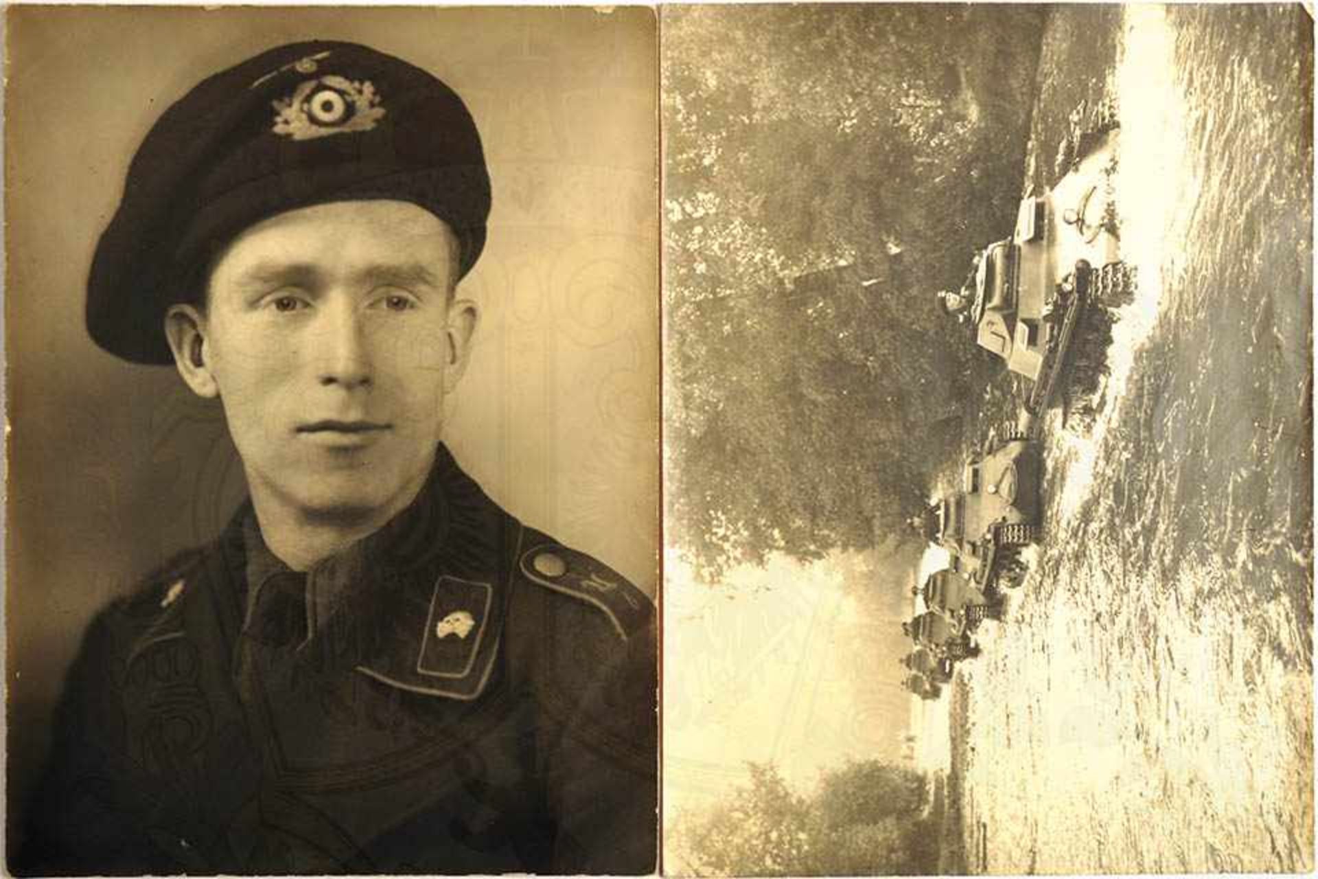 2 FOTOS PANZER-REGIMENT 6, 6 Panzer I bei Flußdurchquerung, Portrait e. Panzer-Aufklärers d. Pz. A.