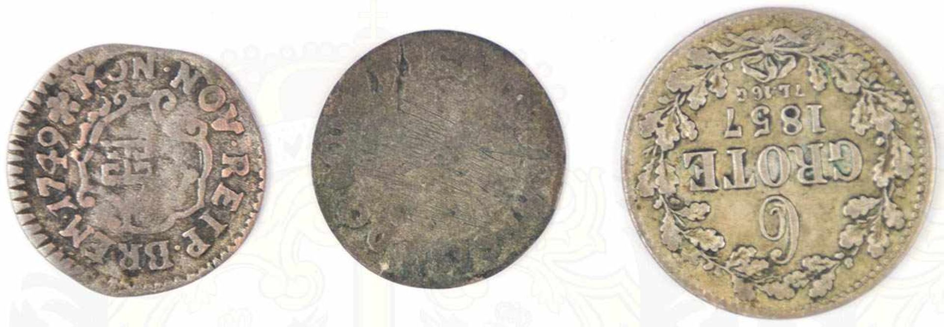 3 SILBER-KLEINMÜNZEN ALT-BREMEN, je 1 Groten 1749 u. 1752, 1x etwas gewellt; 6 Grote 1857 - Bild 2 aus 2