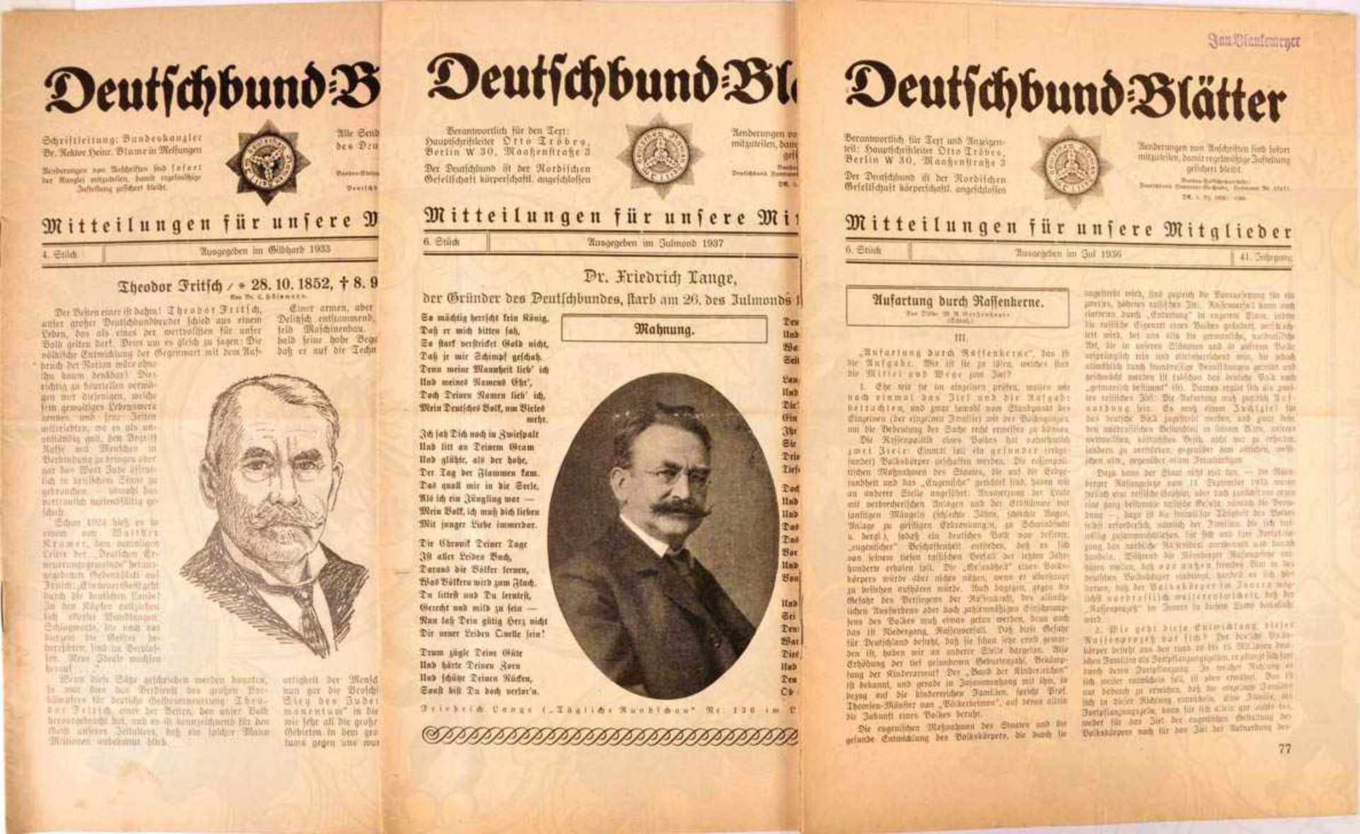 7 AUSGABEN „DEUTSCHBUND-BLÄTTER“, 1933-Nr. 4; 1935- 3; 1936- 5 u. 6, 1937- 1, 5 u. 6, ges. 100 S.,