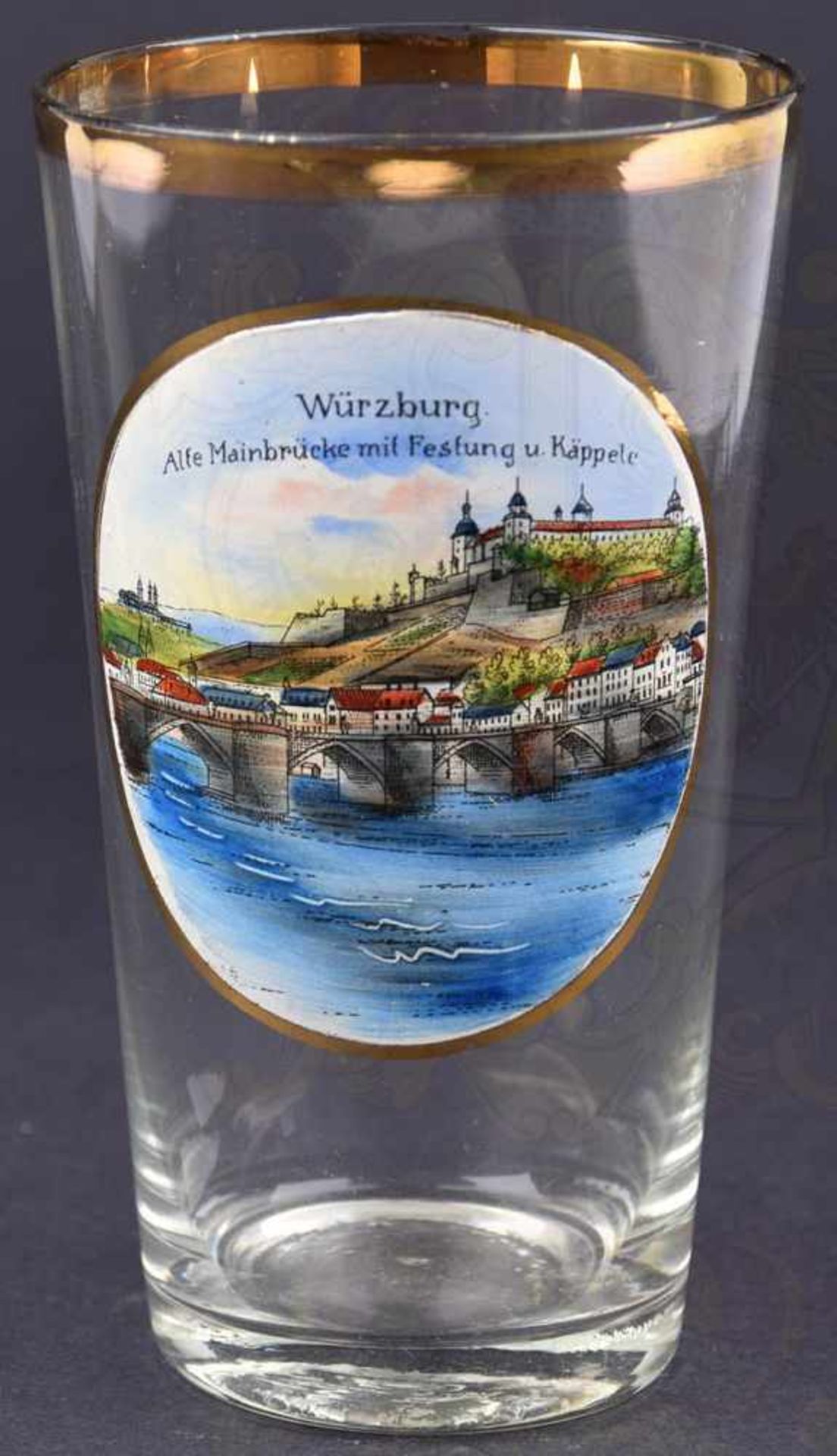 BIERGLAS WÜRZBURG, 0,2 L., m. Golddekor u. farb. Ansicht d. Festung u. Mainbrücke in Emaillemalerei,