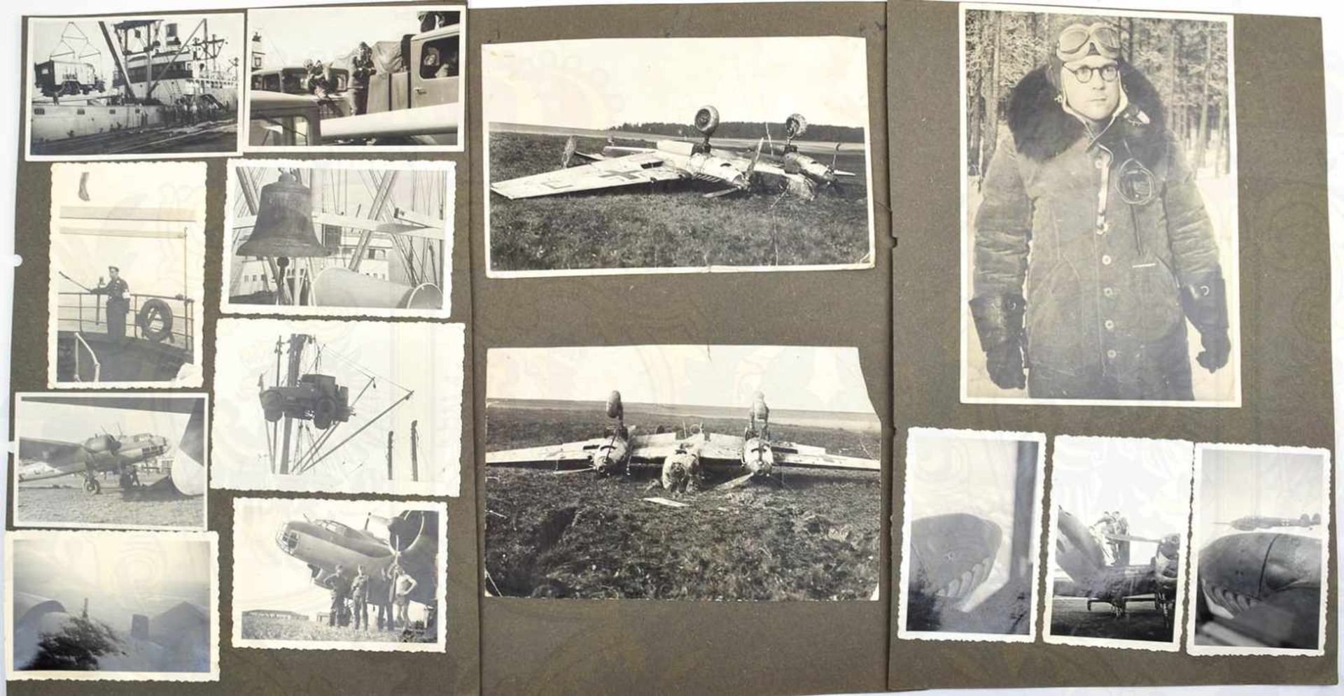 7 ALBUMSEITEN EINES FLIEGERSCHÜTZEN, u. Uffz. v. Kampfgeschwader Hindenburg, m. 76 Fotos, tls. m.