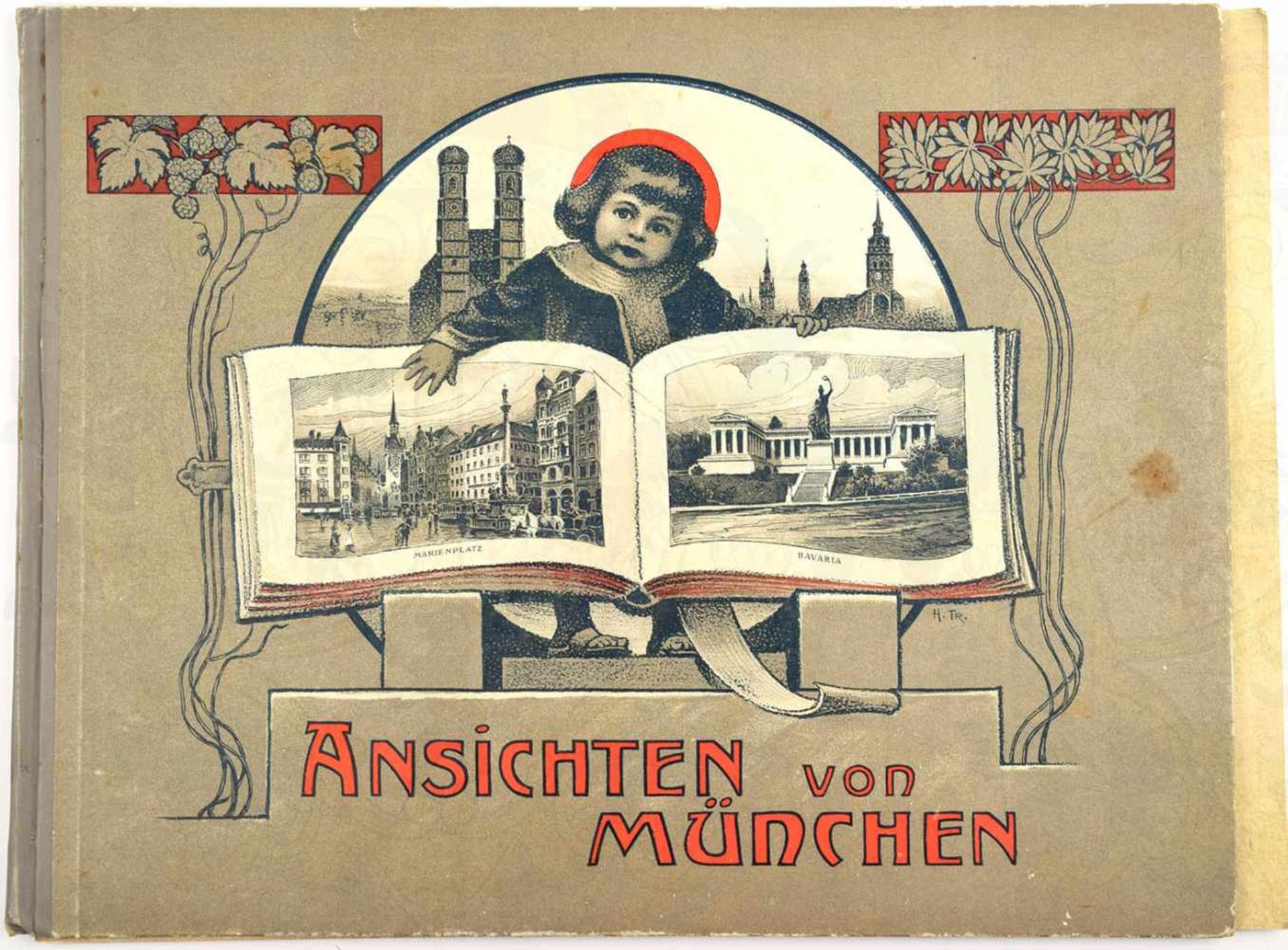 BILDBAND „ANSICHTEN VON MÜNCHEN“, ca. 1905, 32 S. mit ganzseitigen Abb., querf., illustr. HLn.; dazu