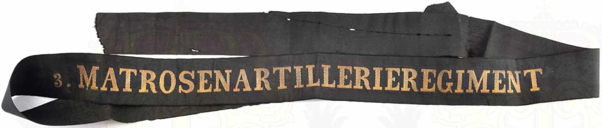 MÜTZENBAND 3. MATROSENARTILLERIEREGIMENT, schwarzes seidiges Band, goldfarben maschinen-gewebter