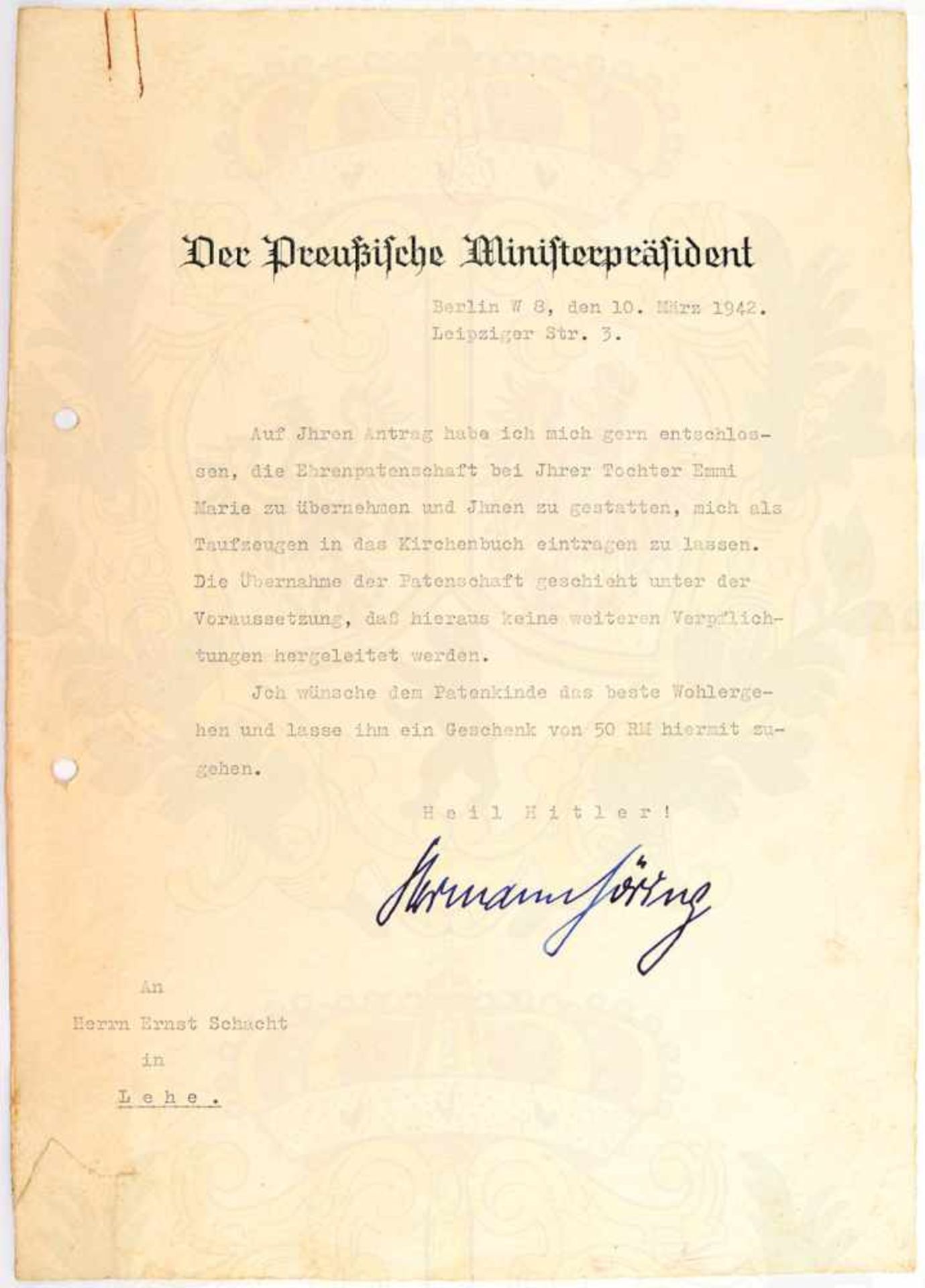 HERMANN GÖRING, Tinten OU auf Vordruck „Der Preußische Ministerpräsident“, Bln. W 8, Leipziger Str.,