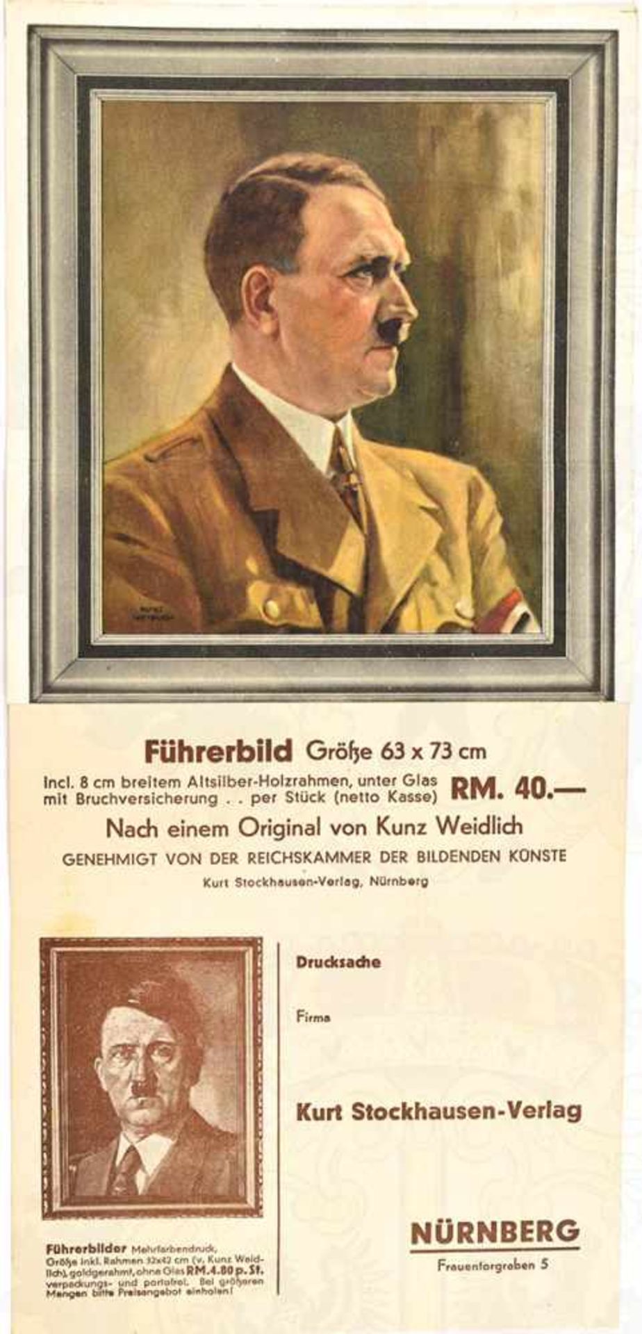 WERBEBLATT „FÜHRERBILD“, farb. Kunstdruck des A. Hitler-Portraits von Kunz Weidlich, anhängende - Bild 3 aus 3