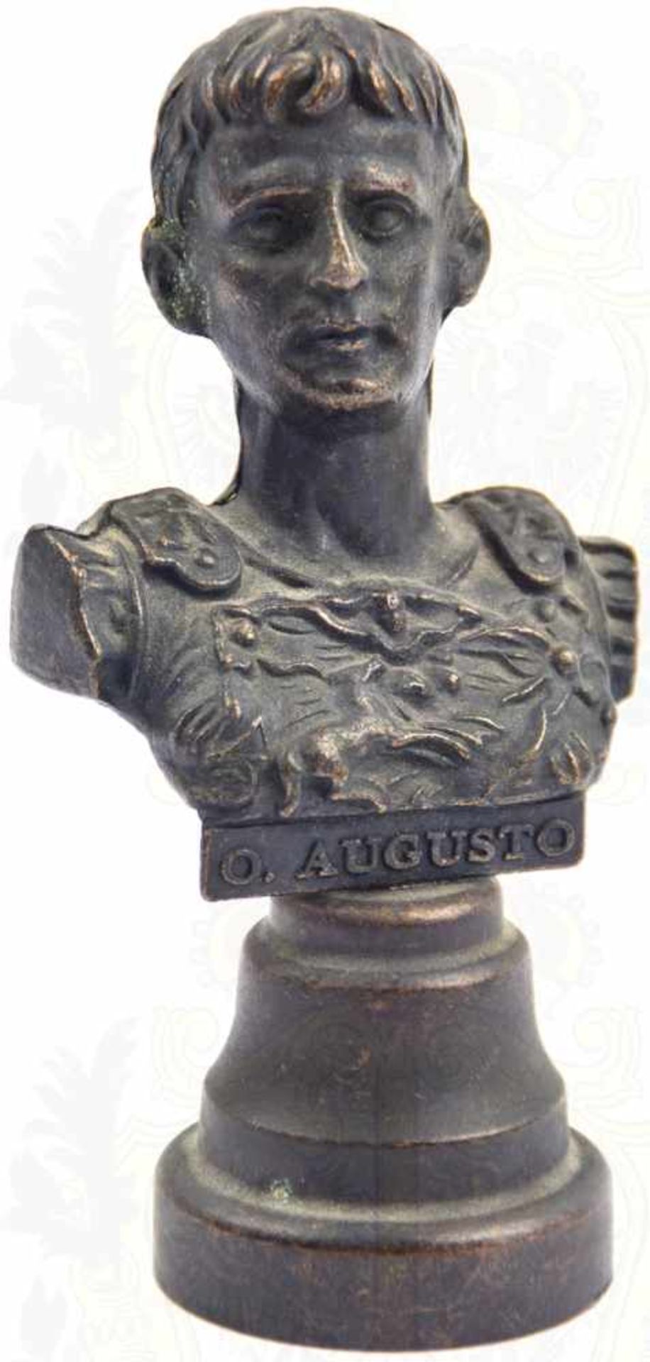 STATUETTE KAISER AUGUSTUS, Bronze-Hohlguß, dunkel patiniert, Brustansatz bez. „O. Augusto“, 1.