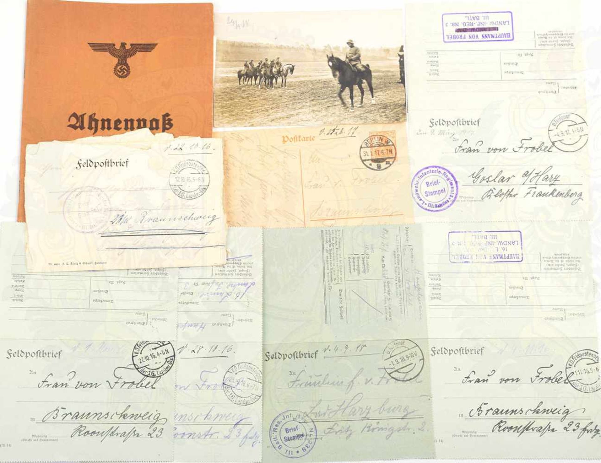 KLEINER NACHLASS HAUPTMANN VON FROBEL, Landwehr-IR Nr. 3, Foto-AK; 6 Feldpost-Briefe 1916/18 a.d.