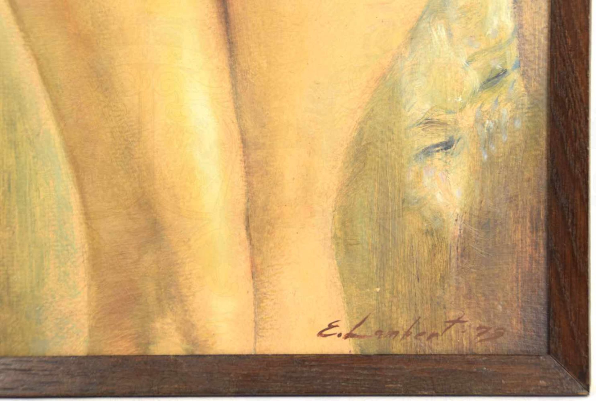 EROTIK-GEMÄLDE, Ölfarbe auf Holz, Gesäss einer jungen Frau, mit laszivem Hüftschwung, umhüllt von - Bild 2 aus 3