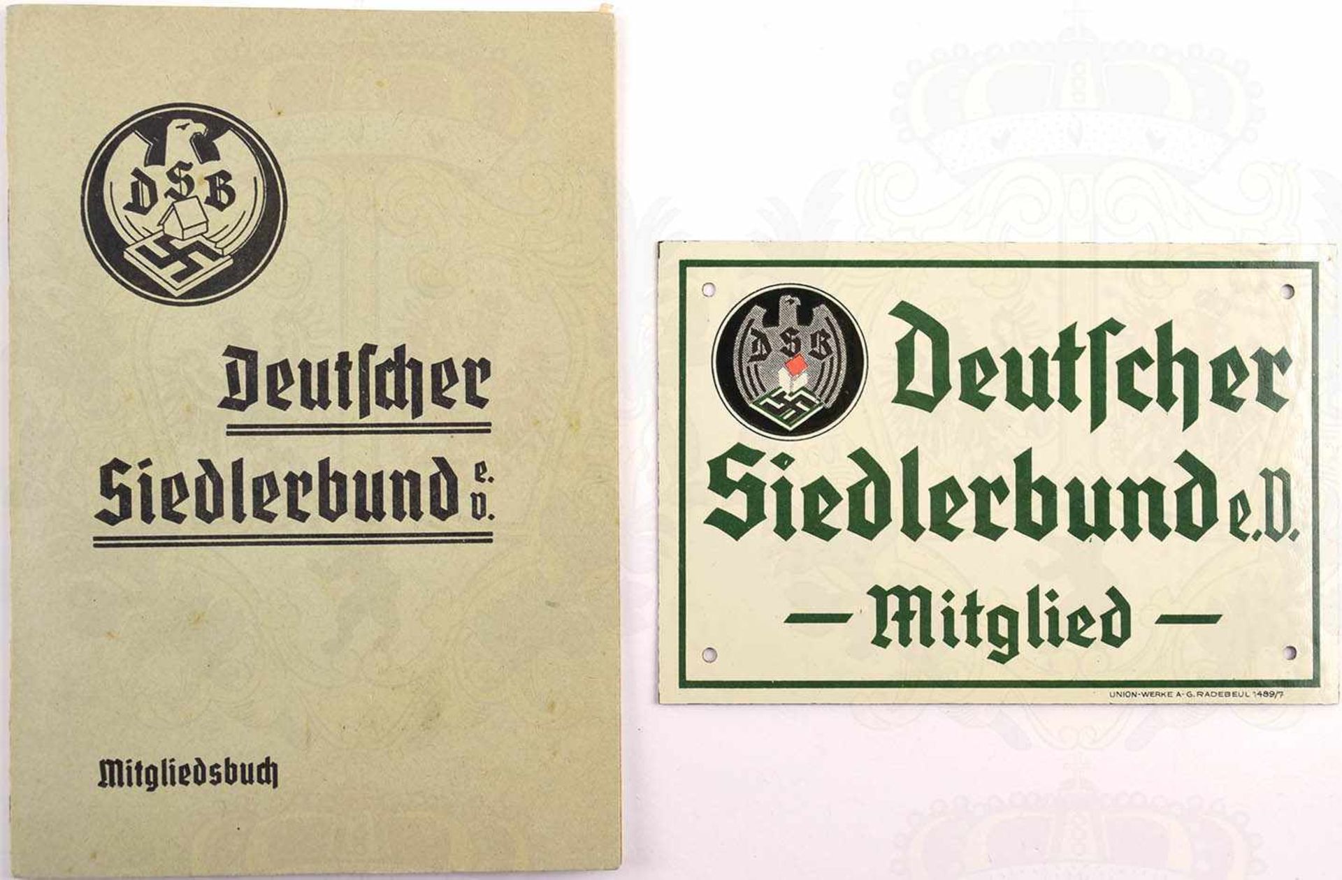 MITGLIEDSAUSWEIS UND KLEINES TÜRSCHILD, Deutscher Siedlerbund DSB, Türschild, Kunststoff, farbig