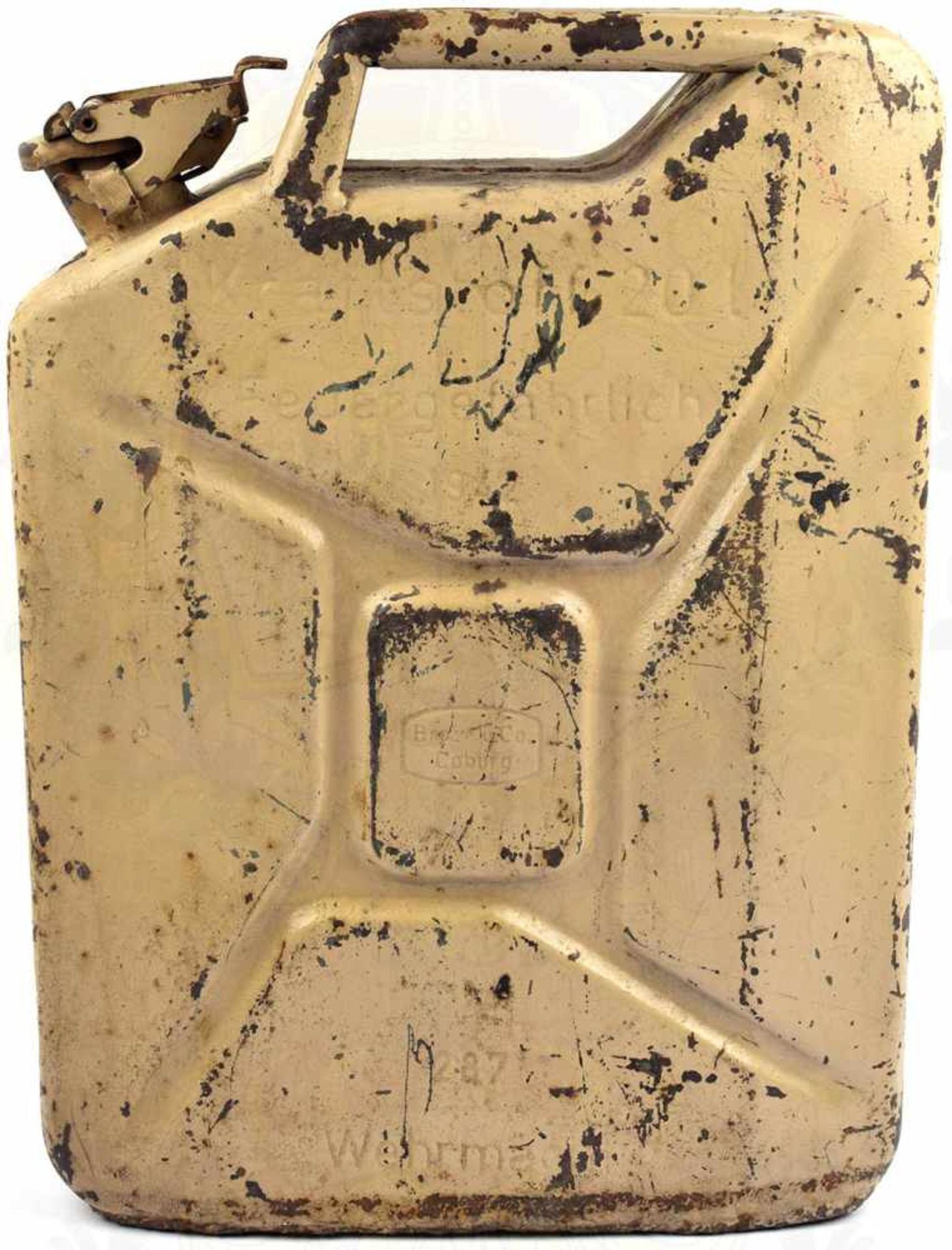 KRAFTSTOFF-KANISTER, Stahlblech, sandfarben lackiert, gepr. Bez. „Kraftstoff 20 l. .... 1942“ u. „ - Bild 2 aus 2