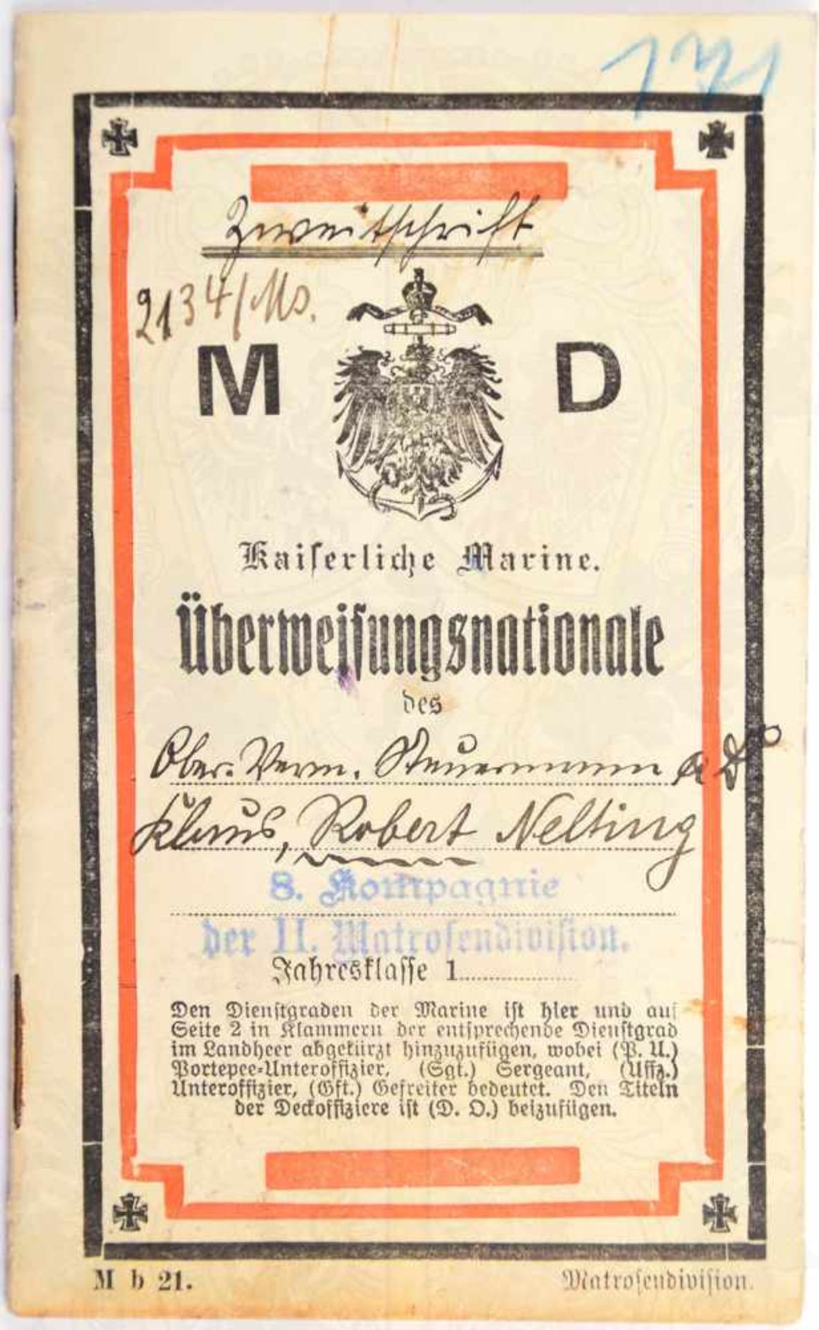 ÜBERWEISUNGSNATIONALE OBERSTEUERMANN 1891-1918, 8 Beförderungen, Cent.-Med., DA 2. Kl., S.M.S.