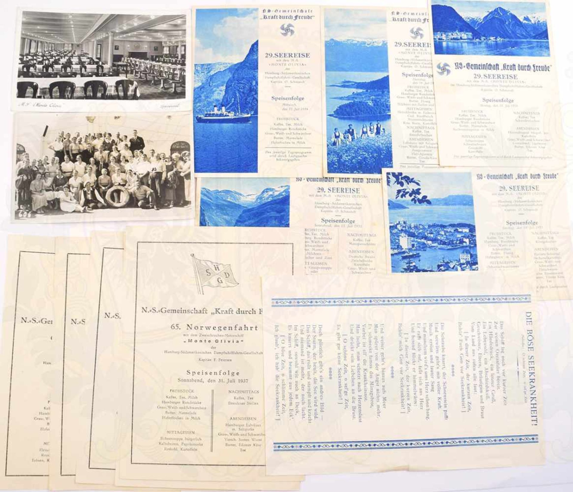 KONVOLUT KDF-DAMPFER „MONTE OLIVIA“, 7 Postkarten, 2x Foto, 5x Speisenfolge; 5 Programmkarten m.