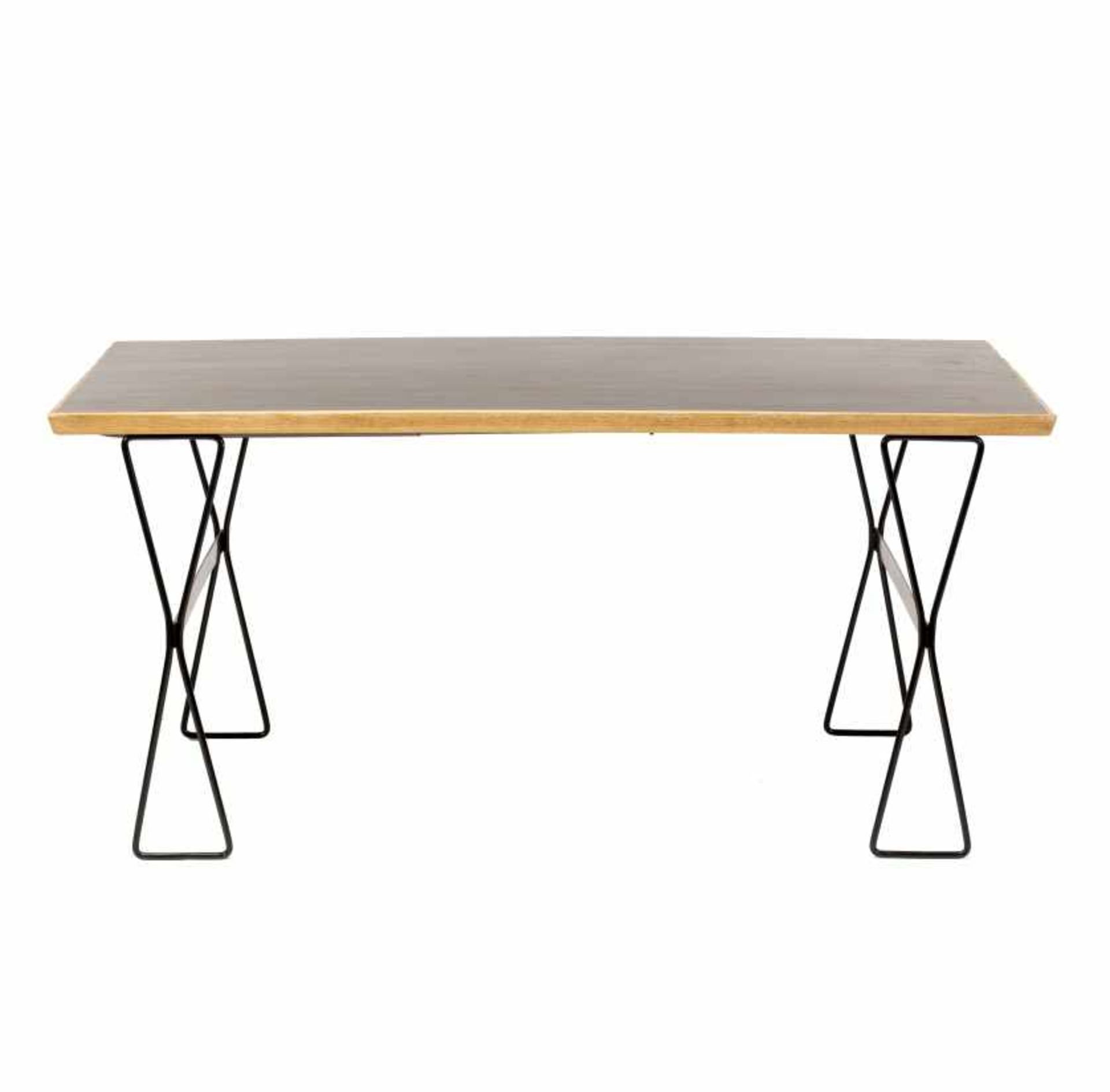 Dining table in oak, laminate and lacqured steel, circa 198Dining table in oak, laminate and