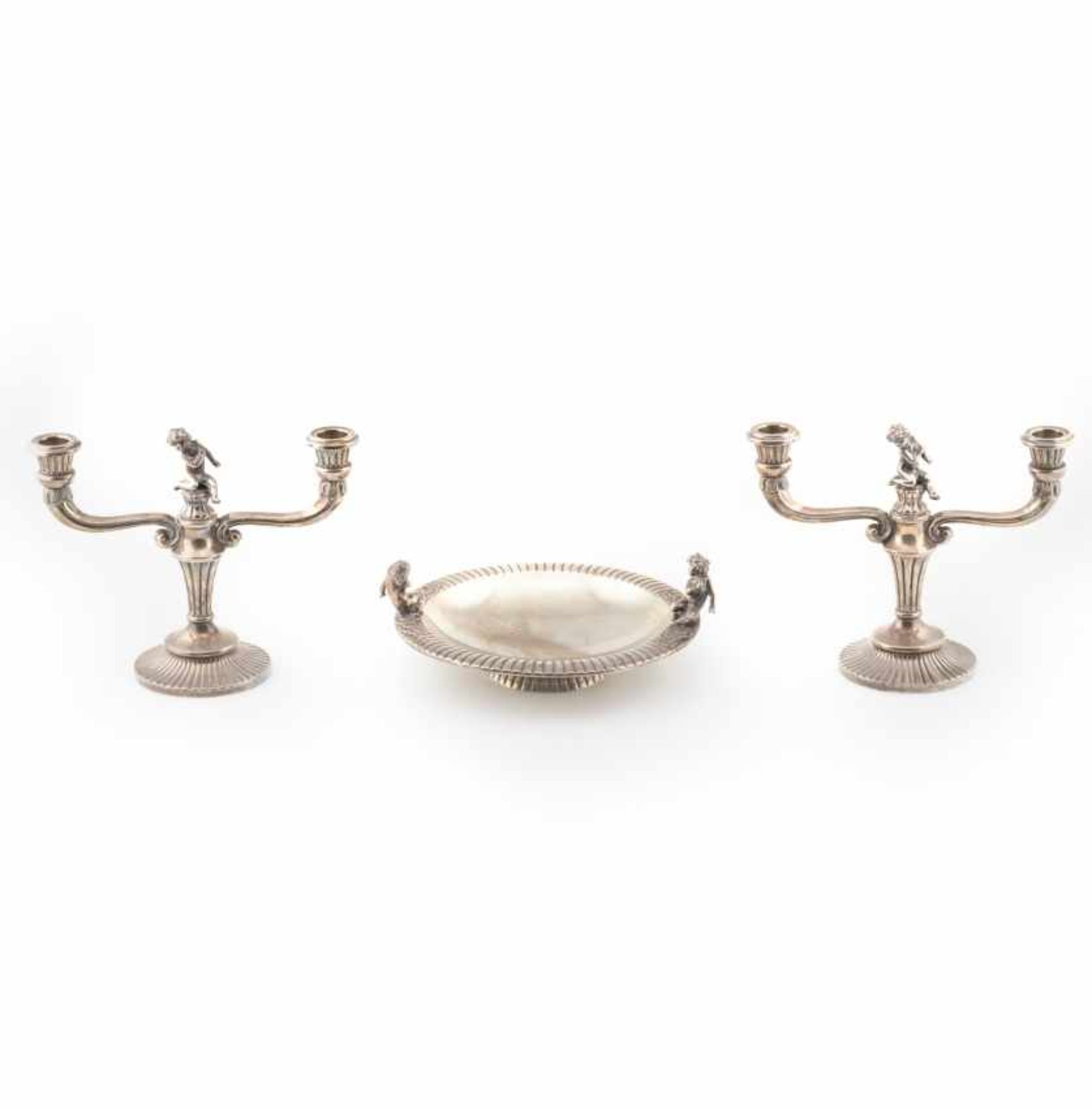 Spanish silver centrepiece and pair of candelabra set, 20thSpanish silver centrepiece and pair of