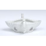 A Worcester double lipped moulded sauce boat, double scroll handles, flattened oval thumb rests,