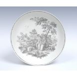 A Worcester Peeping Tom pattern saucer dish, printed in tones of grey,