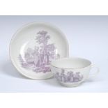 A Worcester Milkmaids pattern teacup and saucer, printed in puce after Robert Sayer,