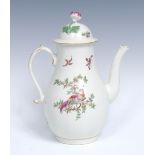 A Worcester pear shaped coffee pot and cover, decorated by James Giles, with colourful fancy birds,