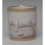 A Chamberlains Worcester mug, printed with a sepia view of Worcester, within gilt line cartouche,