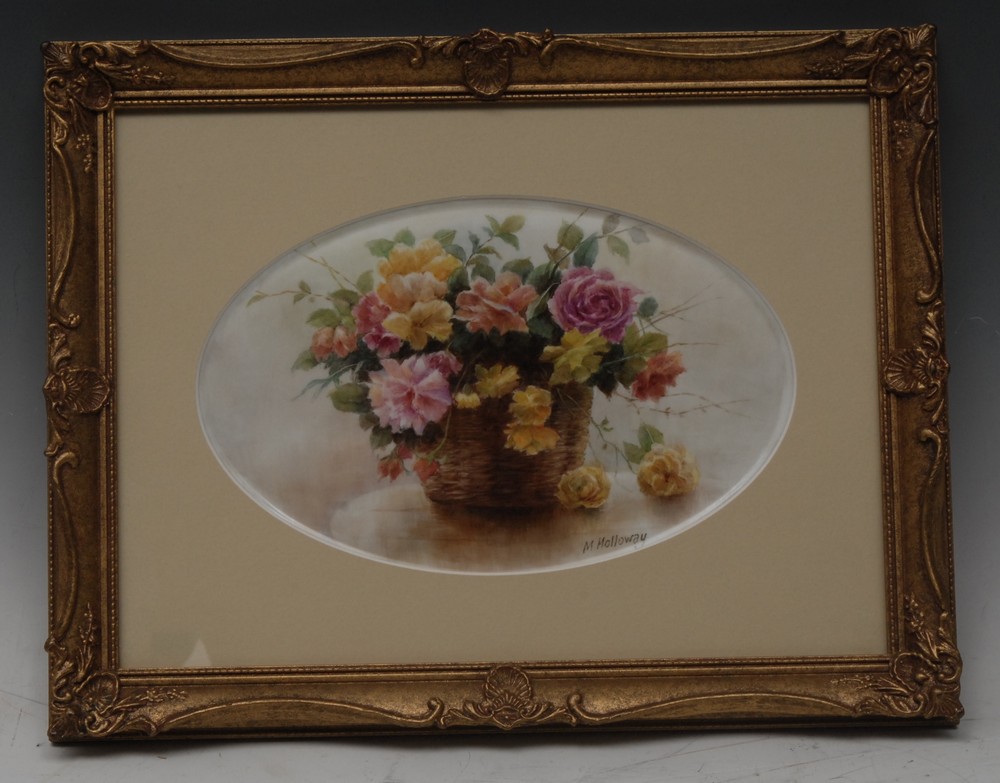 An English porcelain plaque, painted by Milwyn Holloway, signed, with basket of flowers, 13.