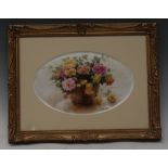 An English porcelain plaque, painted by Milwyn Holloway, signed, with basket of flowers, 13.