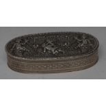 A French silver oval table snuff box, hinged cover embossed with frolicking putti with a festoon,