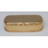 An 18ct gold rounded rectangular snuff box, engine turned, the cover with cartouche,