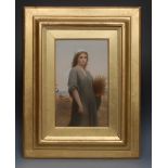 A German rectangular plaque, after Charles Landelle, Ruth in a Cornfield, 31cm x 18cm,