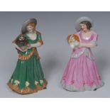 A Royal Crown Derby figure, Marjorie, wearing a broad brimmed hat and pink dress, holding a dog, 16.