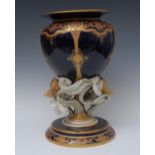 An English porcelain pedestal urn on stand, the cobalt blue bowl of ovoid form,