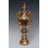 An Abbeydale Chrysanthemum pattern Dragon vases, of hexagonal form, gilt dragon handles, 42cm high,