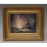 A Lynton rectangular panel, painted by Stefan Nowacki, with galleon battle, 14cm x 19cm,