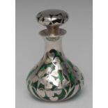 An Art Nouveau silver and green glass globular scent bottle and stopper,