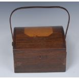 A George III partridge wood domed rectangular basket form swing-handled work box,