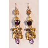 A pair of amethyst citrine and seed pearl chandelier earrings,