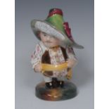 A Royal Crown Derby Short Mansion House Dwarf, he stands wearing a broad brimmed hat,