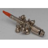 A 19th century silver baby's rattle, whistle terminal above eight bells, coral teether haft, 13.