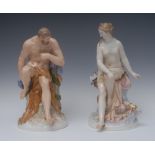 A pair of late 19th century Berlin figures, Hercules and companion, he seated,