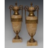 A pair of French Louis XVI Revival gilt-metal mounted marble twin-handled mantel urns,