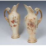 A pair of Royal Worcester Empress ewers, printed and painted by Edward Raby, monogrammed,