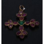 An 18th/19th century emerald and pink spinel cross pendant, central triangular cut emerald,