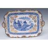 A Davenport shaped rectangular two-handled tray, printed in blue with pagoda and willow trees,